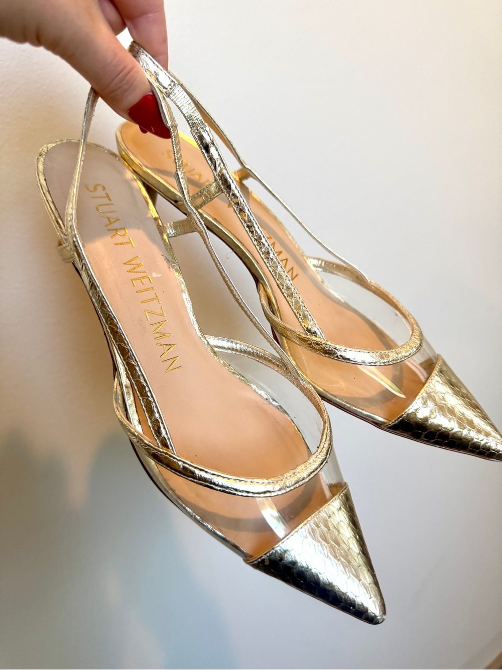 Stuart Weitzman Mondrian Gold Metallic Slingback Heels 5.5